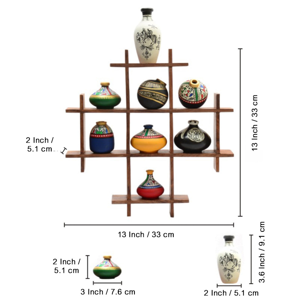8 Terracotta Warli Handpainted Pots With Sheesham Wooden Frame Wall Hanging