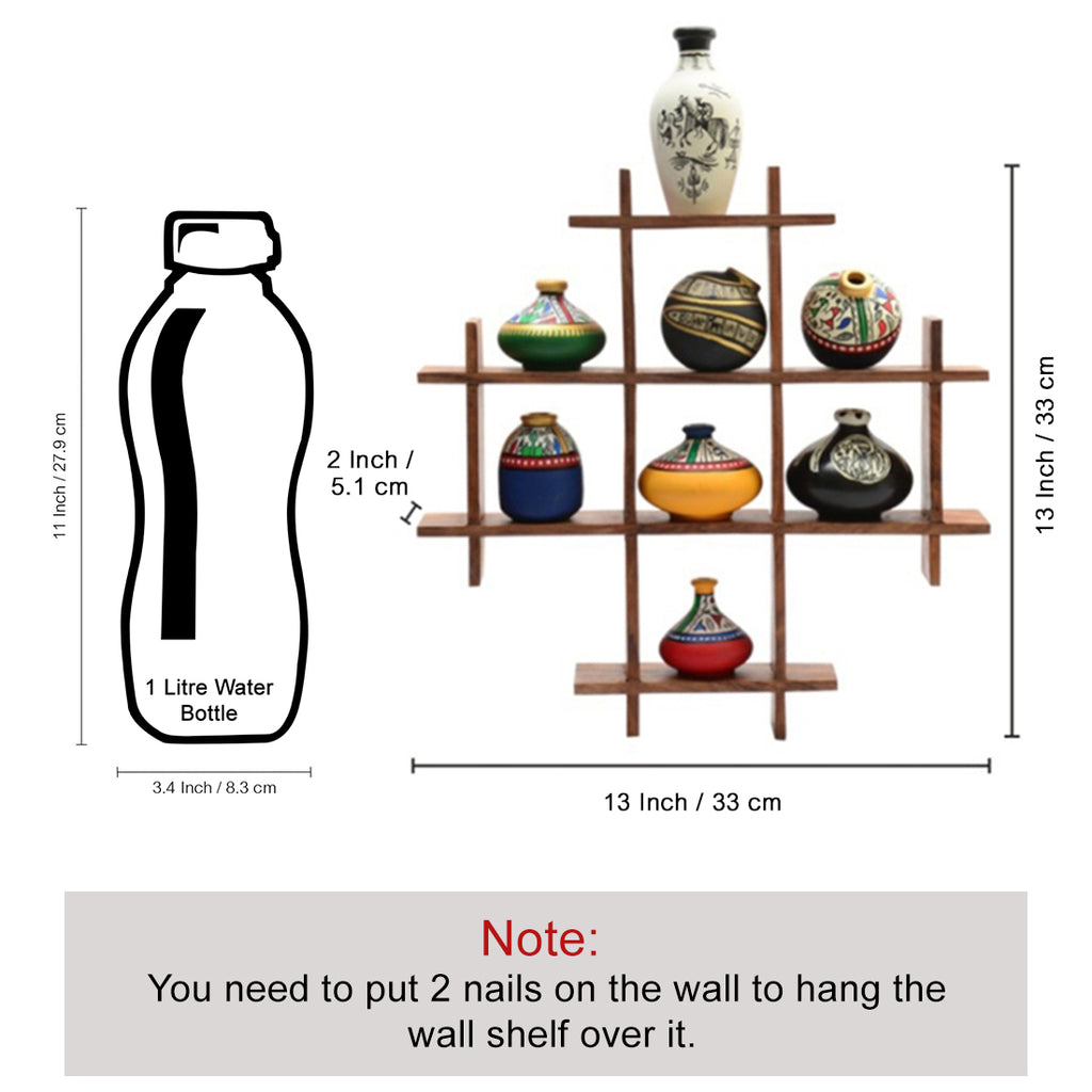 8 Terracotta Warli Handpainted Pots With Sheesham Wooden Frame Wall Hanging