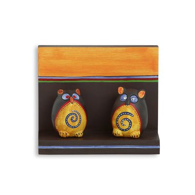Terracotta 'Twin Owl Pot-Faces' With Wooden Wall Shelf