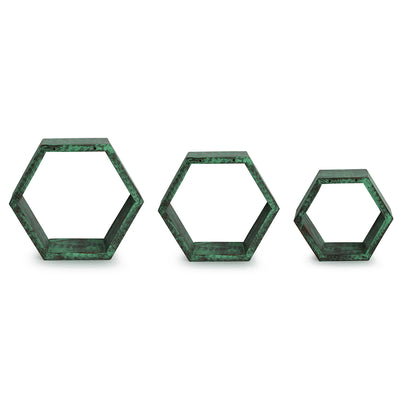 'Rustic Hexagons' Antique Finish Nested Wall Shelves In Mango Wood (Set of 3)