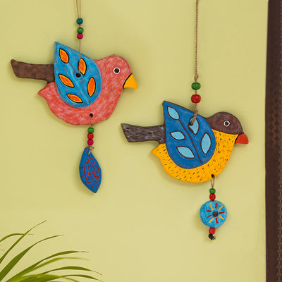 Feathered Birdies' Handmade & Hand-painted Garden Decorative Wall Hanging In Terracotta (Set of 2)
