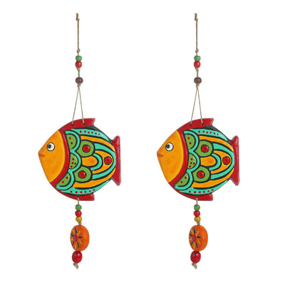 'The Fish Duo' Handmade & Hand-painted Decorative Wall Hanging In Terracotta (Set of 2)