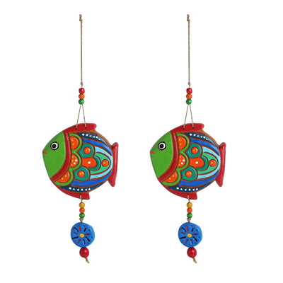 'The Fish Twins' Handmade & Hand-painted Decorative Wall Hanging In Terracotta (Set of 2)