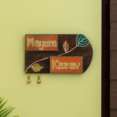 'Shades of a Leaf' Hand-Painted Customizable Name Plate In Mango Wood & Terracotta (Handwritten Fonts)