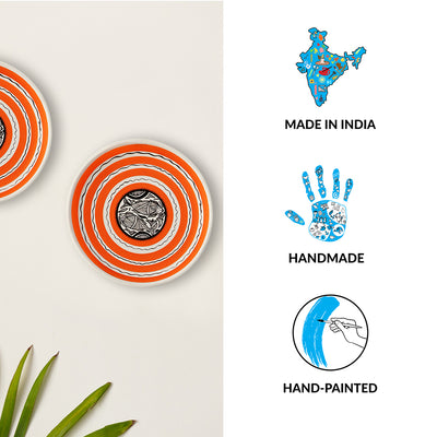 The Madhubani Tales' Hand Painted Terracotta Wall Plates Wall Décor (8 inch | Set of 2 | White & Orange)
