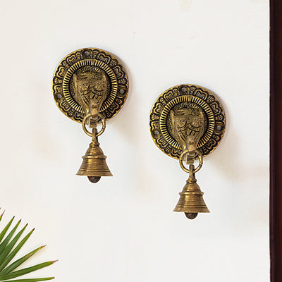 'Elephant Face Pair' Hand-Etched Wall Decor Hanging In Brass (500 Grams)