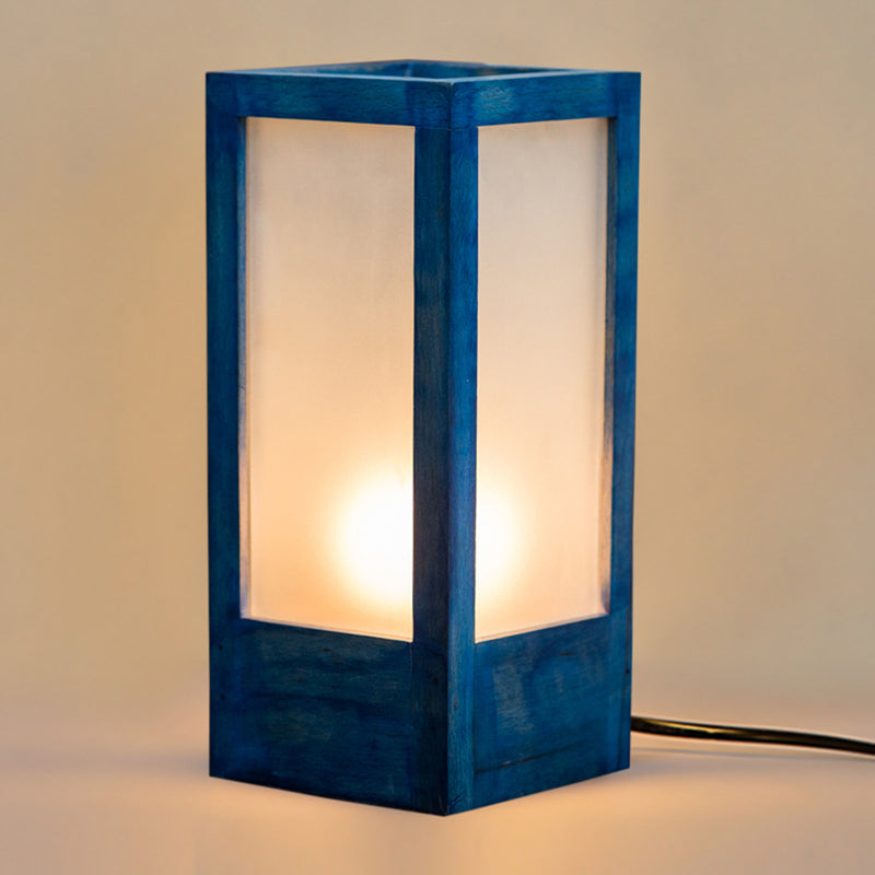 10 Inch Wooden Table Lamp With Frosted Glass In Berry Blue