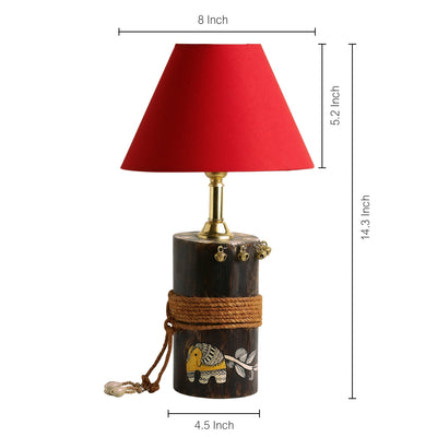'The Red-Shade Log' Madhubani Hand-Painted Table Lamp In Wood