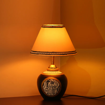 'Glow & Shimmer' Matki Shaped Inctricate Madhubani Hand-Painted Table Lamp In Terracotta (13 Inches)