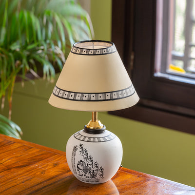 The Warli Tales' Hand-Painted Table Lamp In Terracotta (13 Inch | White)
