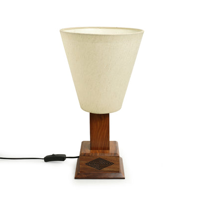 'Rhombus Prints' Hand-Carved Conical Table Lamp In Sheesham Wood (14 Inch)