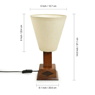 'Rhombus Prints' Hand-Carved Conical Table Lamp In Sheesham Wood (14 Inch)