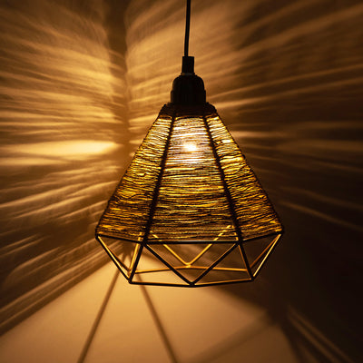 'Jute Illuminations' Handwoven Pyramidal Hanging Pendant Lamp In Jute & Iron (10 Inch)