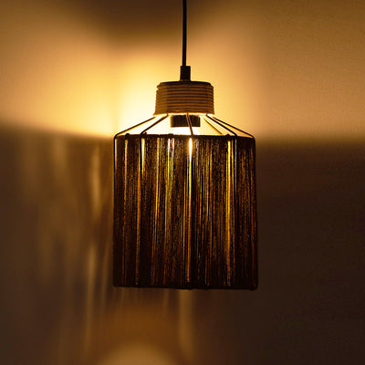 'Jute Splendours' Handwoven Cylindrical Hanging Pendant Lamp In Jute & Iron (11 Inch)