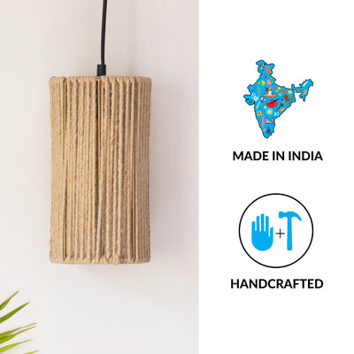 'Jute Embers' Handwoven Cylindrical Hanging Pendant Lamp In Jute & Iron (11 Inch)