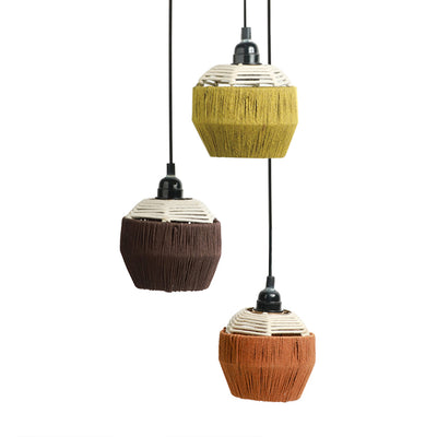 Jute Flares' Handwoven Adjustable Chandelier With Hanging Lamp Shades In Jute & Iron (3 Shades | 22 Inch)