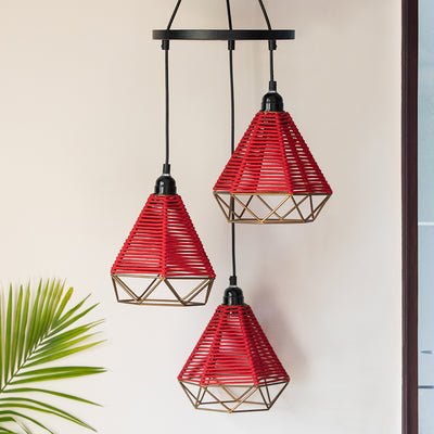 Cotton Elegance' Handwoven Adjustable Chandelier With Hanging Lamp Shades In Cotton Rope & Iron (3 Shades | 28 Inch)