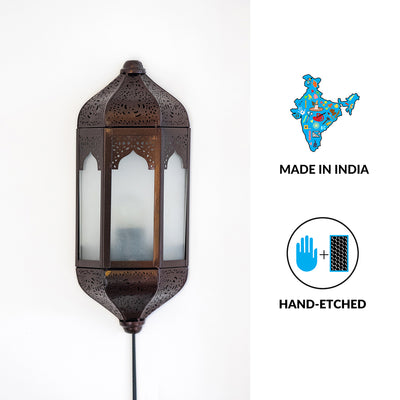 Haveli Jharokha' Iron Wall Lamp (14 Inch | Dark Brown | Hand-Etched)