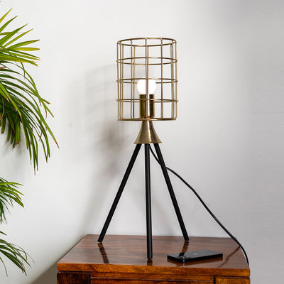 Tripod Cage' Table Lamp In Iron (22 Inch | Matte Black | Handcrafted)