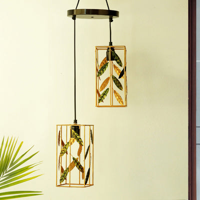 ExclusiveLane 'Lush Foliage' Handcrafted Chandelier With Hanging Lamp Shades In Iron (2 Shades, 36.6 Inch, Golden)
