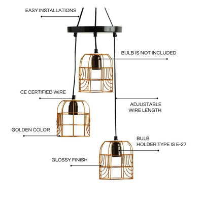 ExclusiveLane 'Bird Nest' Handcrafted Chandelier With Hanging Lamp Shades In Iron (3 Shades, 35.0 Inch, Golden)