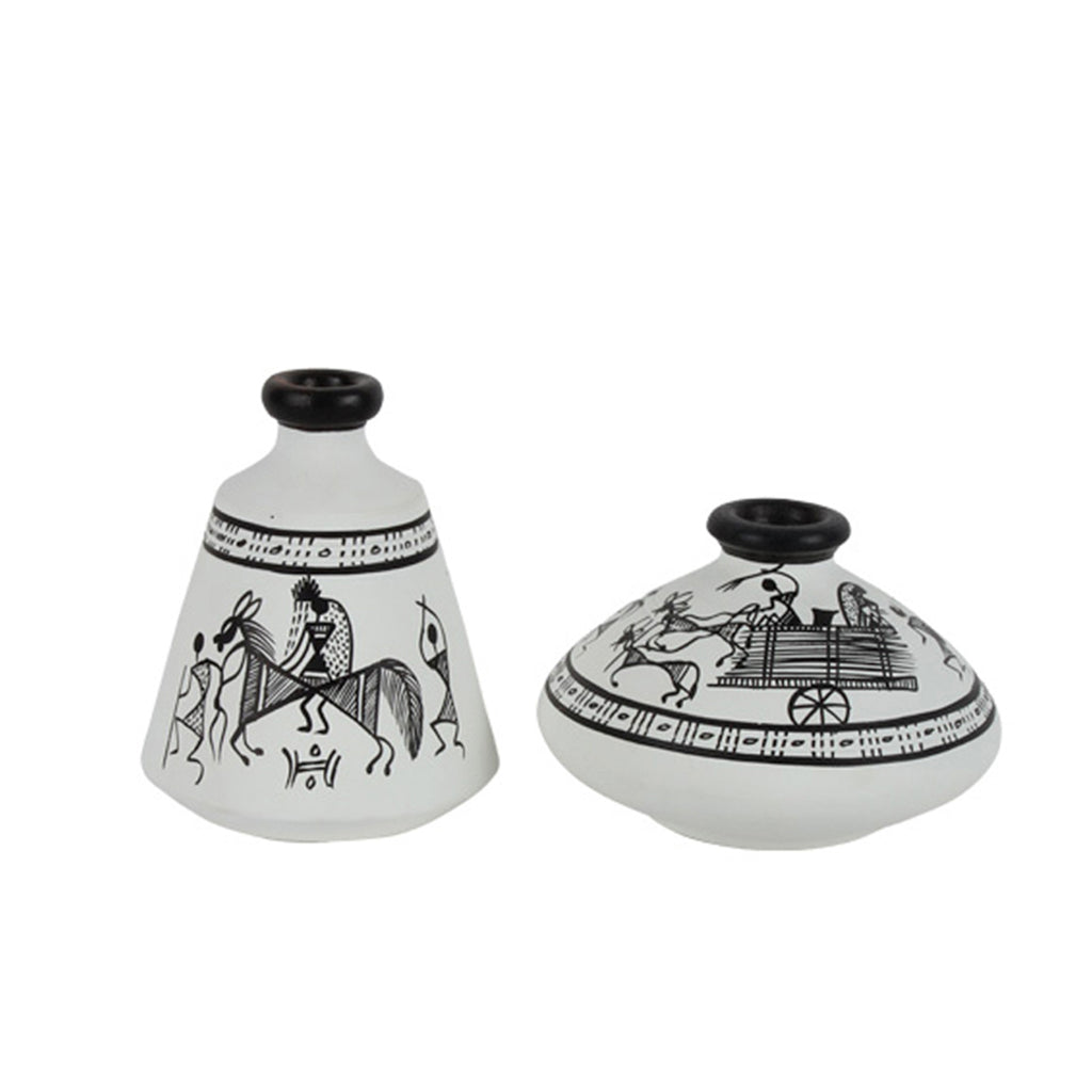 Terracotta Warli Handpainted Set Of 2 Pots Showpieces In White