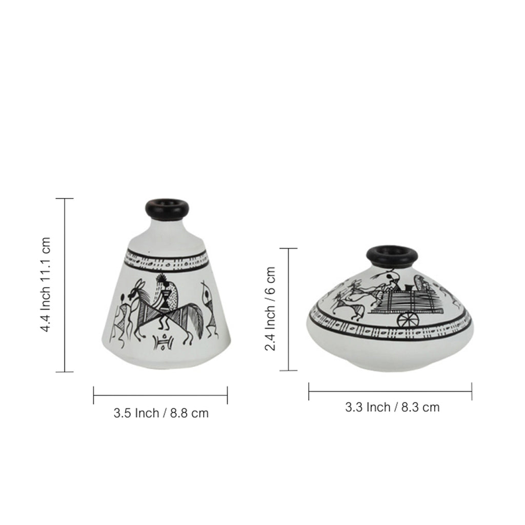 Terracotta Warli Handpainted Set Of 2 Pots Showpieces In White