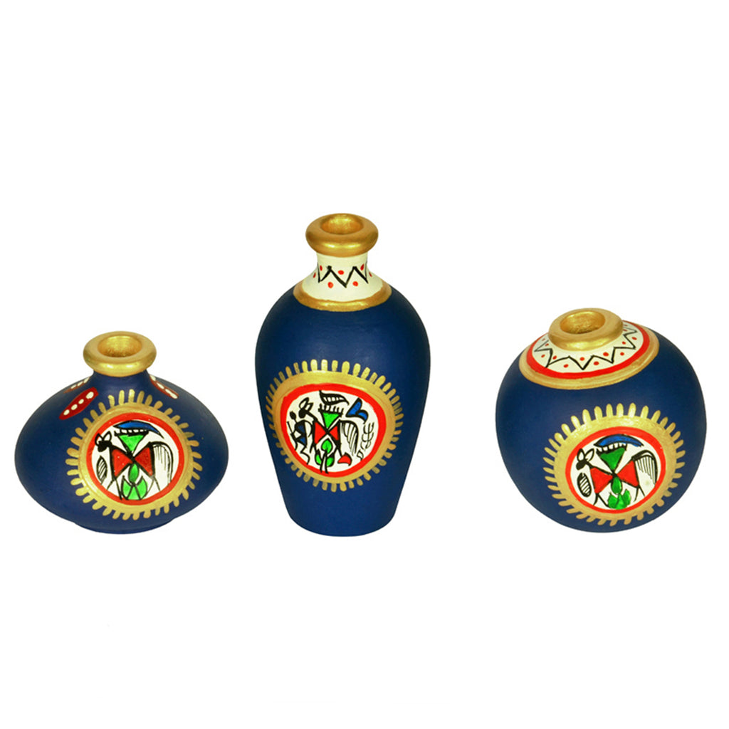 Terracotta Warli Handpainted Miniature Blue Pots Showpieces (Set Of 3)