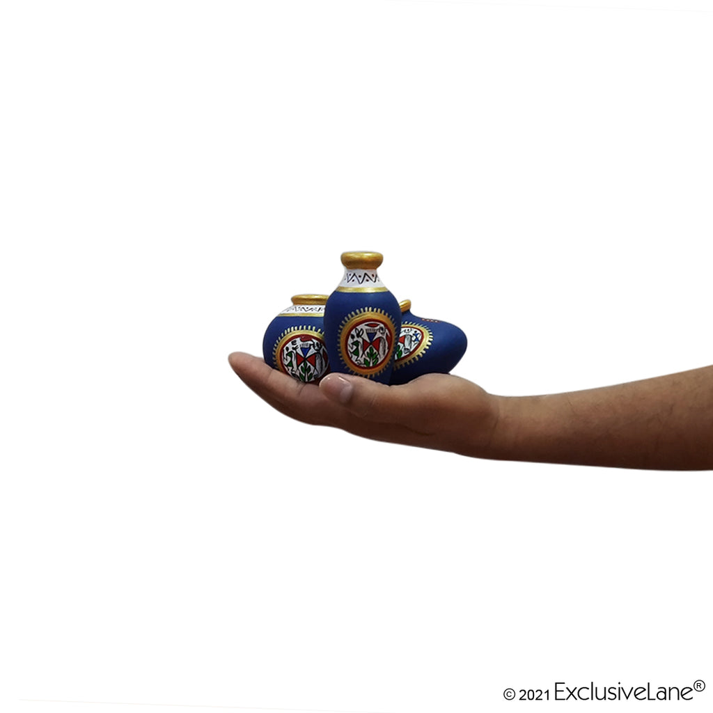 Terracotta Warli Handpainted Miniature Blue Pots Showpieces (Set Of 3)