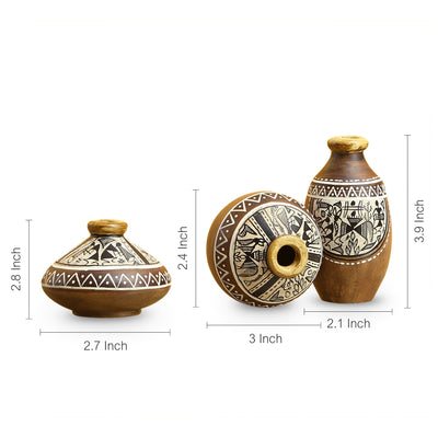 'Three Little Terracotta Pots' With Warli Hand-Painting In Natural Mud Brown (Set Of 3)