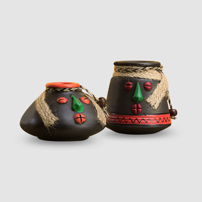'Tribal Rustic Pot-Faces' In Terracotta With Jute Detailing (Set Of 2)