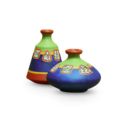 'Two Mini-Frame' Terracotta Pots With Warli Hand-Painting (Set Of 2)
