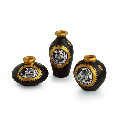 'Mini Triplets' Miniature Pots With Intricate Madhubani Hand-Painting In Terracotta (Set Of 3)
