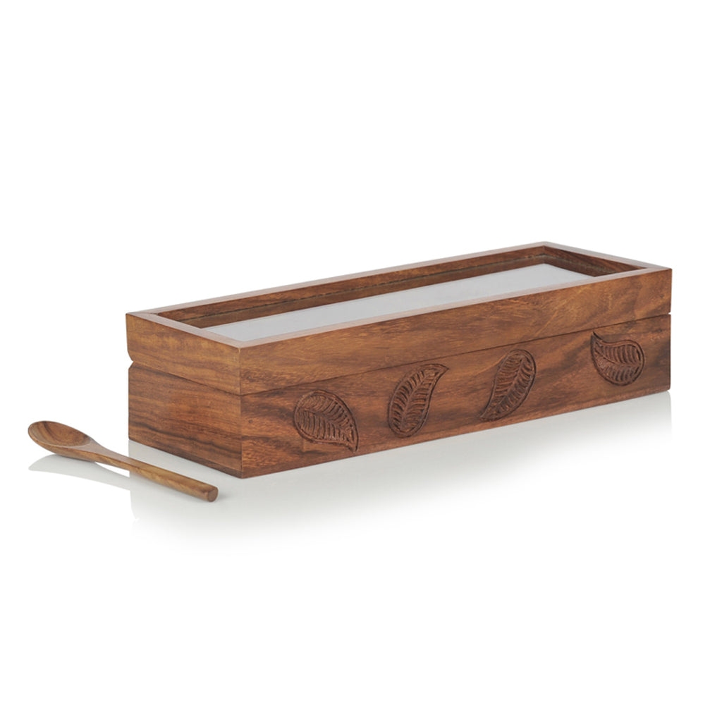 Wooden Hand Engraved Multi-Utility Cum Spice Box With Spoon In Sheesham Wood