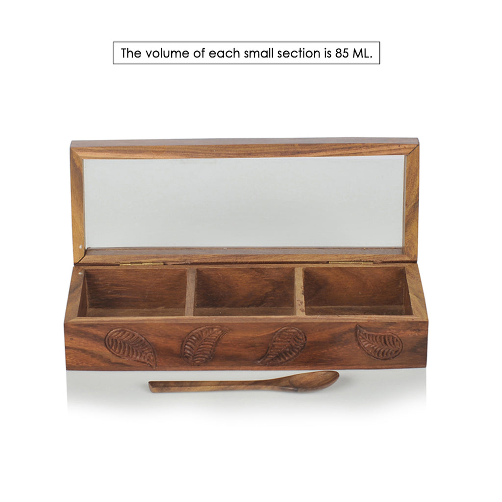 Wooden Hand Engraved Multi-Utility Cum Spice Box With Spoon In Sheesham Wood