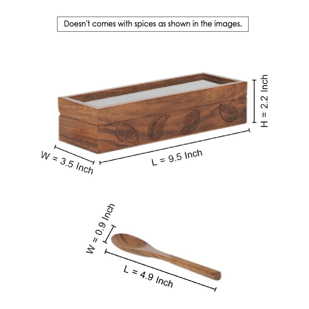 Wooden Hand Engraved Multi-Utility Cum Spice Box With Spoon In Sheesham Wood