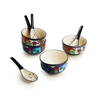 Soupy Huts' Handpainted Soup Bowl With Spoon  In Ceramic (Set Of 4 | 260 ML | Microwave Safe)