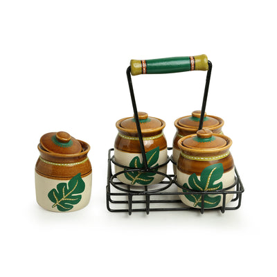 Shades of a Leaf' Hand-Painted Ceramic Multi-Purpose Jars With Lids & Holders (Set of 4 | 220 ml)
