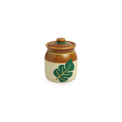 Shades of a Leaf' Hand-Painted Ceramic Multi-Purpose Jars With Lids & Holders (Set of 4 | 220 ml)