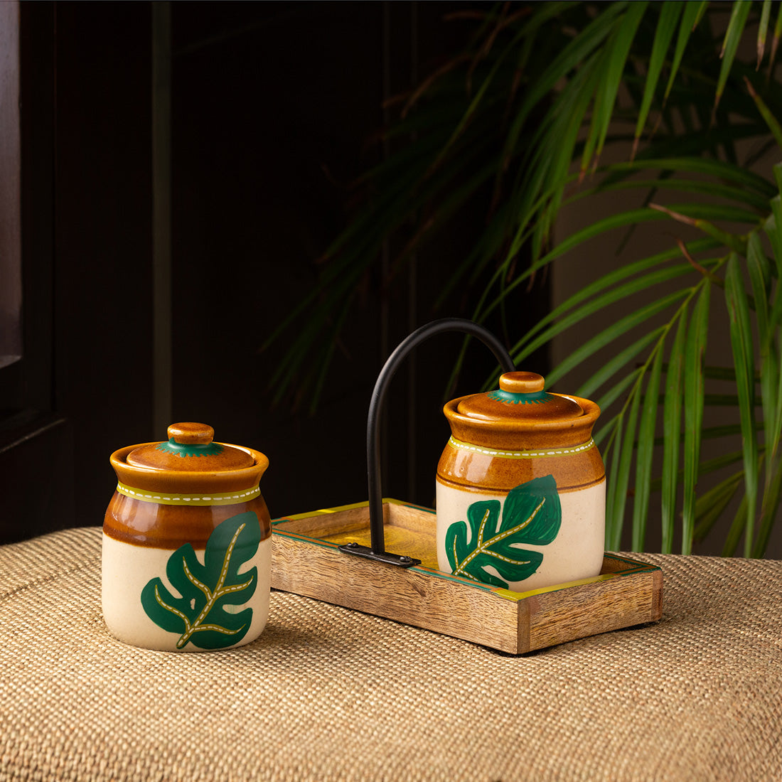 Shades of a Leaf' Hand-Painted Ceramic Jars With Tray (Set of 2