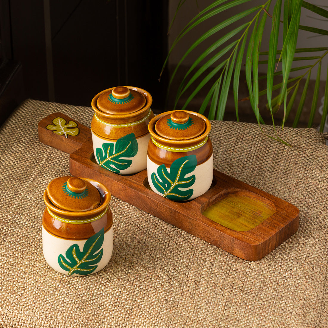 Shades of a Leaf' Hand-Painted Ceramic Jars With Tray (Set of 3