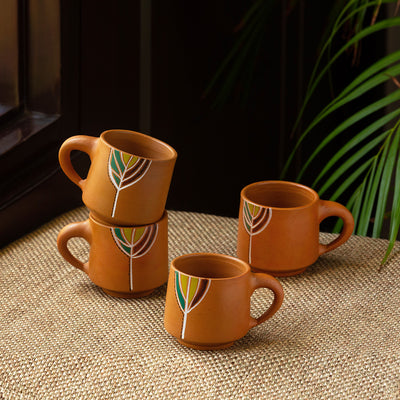 Shades of a Leaf' Hand-Painted Terracotta Coffee & Tea Cups (Set of 4 | 160 ml)