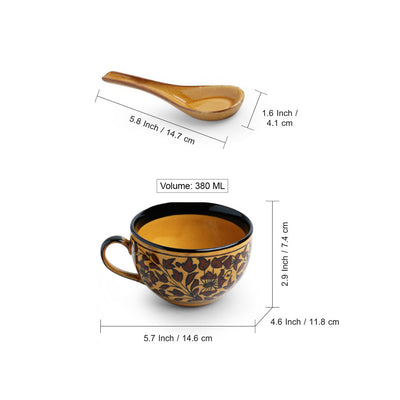 Mughal Floral' Hand-painted Ceramic Soup Bowls With Spoons (Set Of 2 | 380 ML | Microwave Safe)