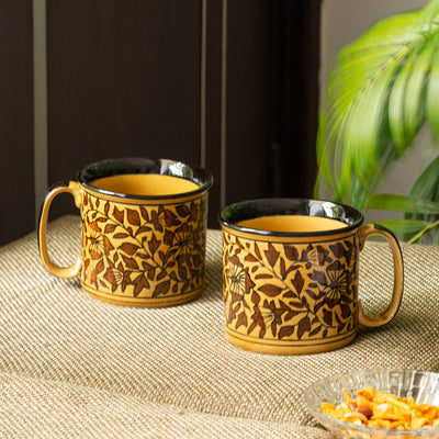 Mughal Floral' Hand-painted Ceramic Tea & Coffee Mugs (Set of 2 | 400 ML | Microwave Safe)