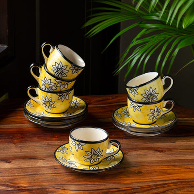 Californian Sunflowers' Hand-Painted Ceramic Tea Cups With Saucers (Set Of 6 | 200 ML)