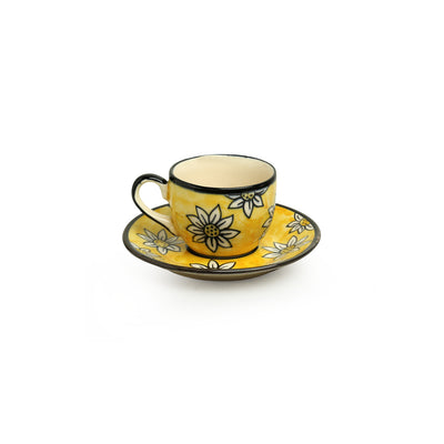 Californian Sunflowers' Hand-Painted Ceramic Tea Cups With Saucers (Set Of 6 | 200 ML)