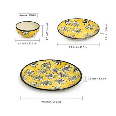 Californian Sunflowers' Hand-Painted Ceramic Dinner Plates | Side/Quarter Plates & Dinner Katoris (12 Pieces | Serving for 4)