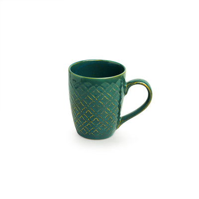 Moroccan Turqouise' Hand Glazed & Embossed Coffee Mugs In Ceramic (Set Of 2 | 300 ML | Microwave Safe)