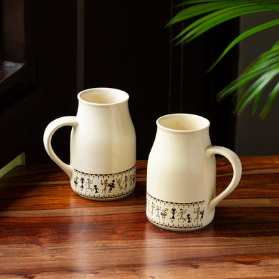 Whispers of Warli' Handcrafted Ceramic Beer Mugs (Set of 2 | 430 ML | Microwave Safe)
