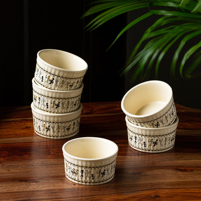 Whispers of Warli' Handcrafted Ceramic Dinner Bowls/Katoris (Set of 6 | 180 ML | Microwave Safe)